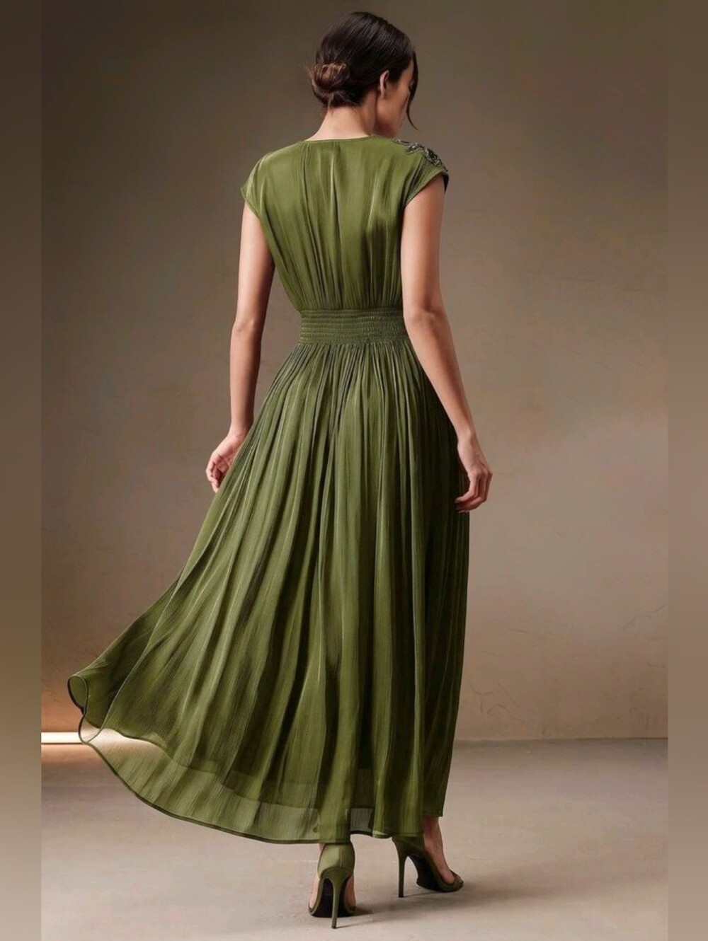 New Metallic Sequin Beaded 3D Flower Maxi Dress Ruched Waist Olive Green - Picture 7 of 15
